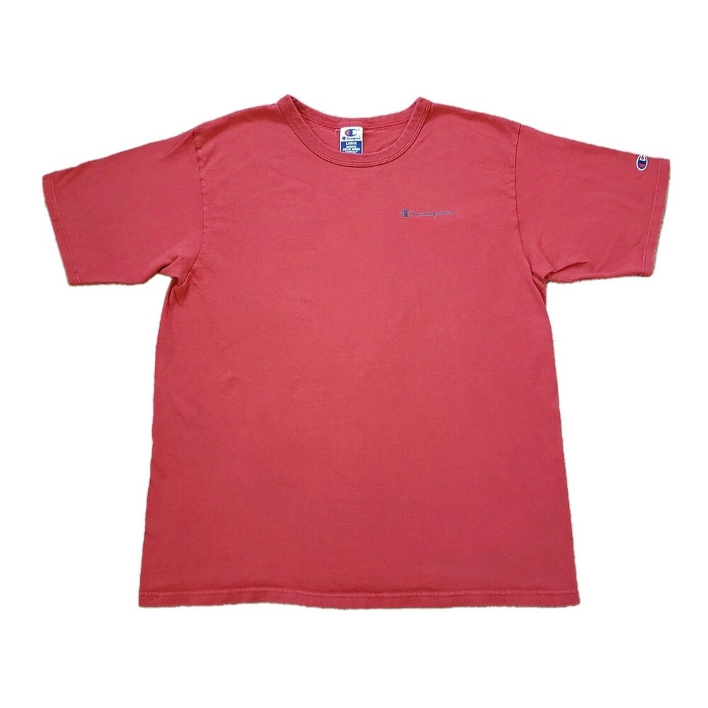 Vintage 90s Champion Size Large Mens Chest Spellout Red T-Shirt Plain Blank
